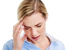 Young businesswoman has splitting headache pain migraine